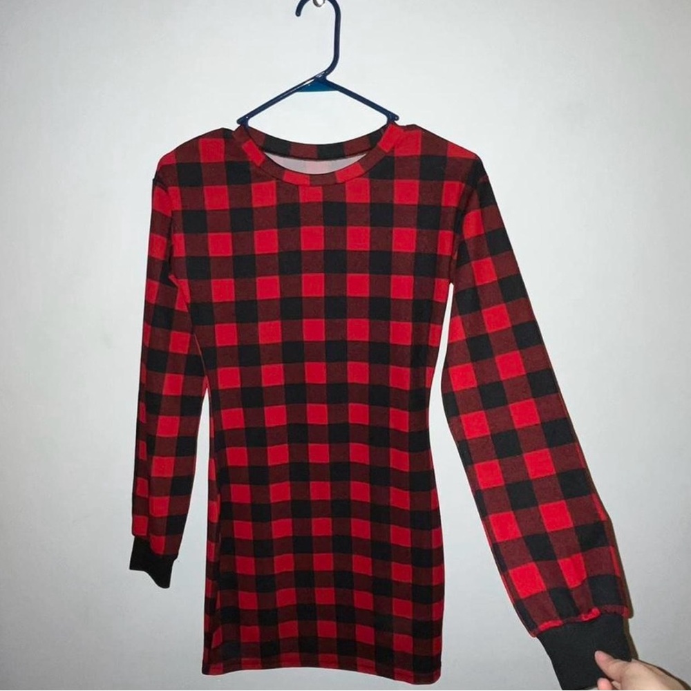 RED & BLACK PLAID LONG SLEEVE DRESS